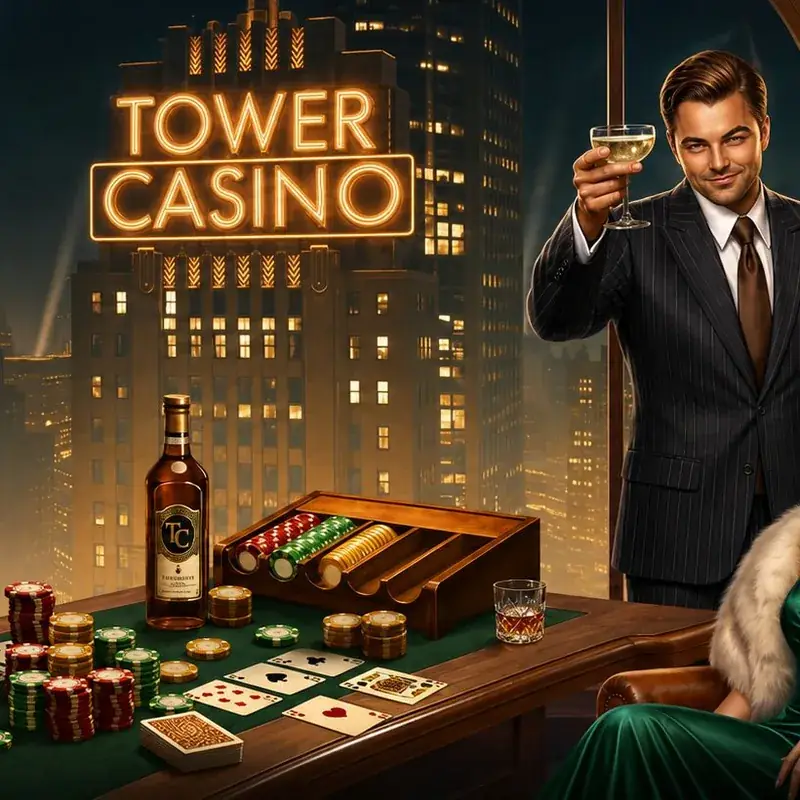 Giocatore in completo che alza un calice a un tavolo da poker, insegna al neon Tower Casino